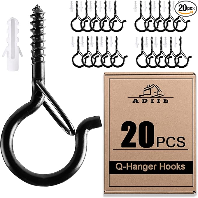 ADIIL 20 PCS Q Hanger Hooks with Safety Buckle, Windproof Screw Hooks for Hanging Outdoor String Lights, Plants, Christmas Patio Lights, 2.2 Inches, Black