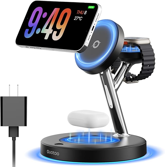 【Adjustable Blue Ambient Light】 Wireless Charger 3 in 1 for iPhone, Magnetic Charging Station for Apple Family,15W Fast MagSafe Charger Stand,for iPhone17-12-iWatch AirPods Series