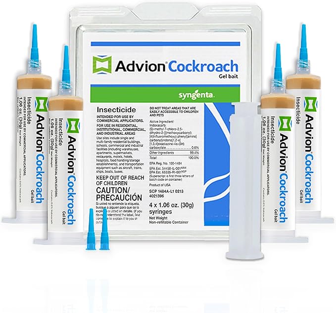 Advion Cockroach Gel Bait, 4 Tubes x 30-Grams, 1 Plunger and 2 Tips, German Roach Insect Pest Control, Indoor and Outdoor Use, Roach Killer Gel for American, German and Other Major Cockroach Species