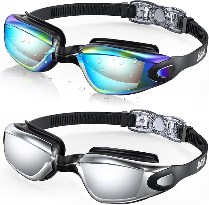 Aegend Swim Goggles 2-Pack, No Leaking Anti-Fog UV Protection Mirrored Swim Glasses for Adult Men Women, Wide View Outdoor