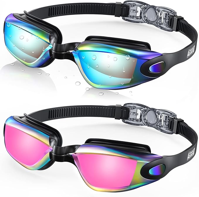Aegend Swim Goggles 2-Pack, No Leaking Anti-Fog UV Protection Mirrored Swim Glasses for Adult Men Women, Wide View Outdoor