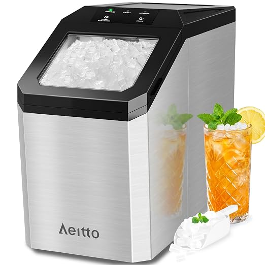 Aeitto Nugget Ice Maker Countertop, 55lbs/Day, Large Capacity Chewable Ice Maker, Rapid Ice Release in 5 Mins, Self-Cleaning with Stainless Steel Housing Ice Machine for Home Office and Party, Silver