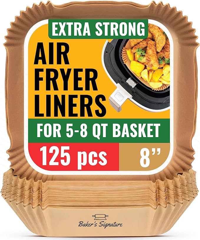 Air Fryer Paper Liners, 125Pcs Air Fryer Disposable Liners, Non-Stick and Oil Proof for Easy Cleanup, 8” Square for 5-8 qt Basket by Baker's Signature
