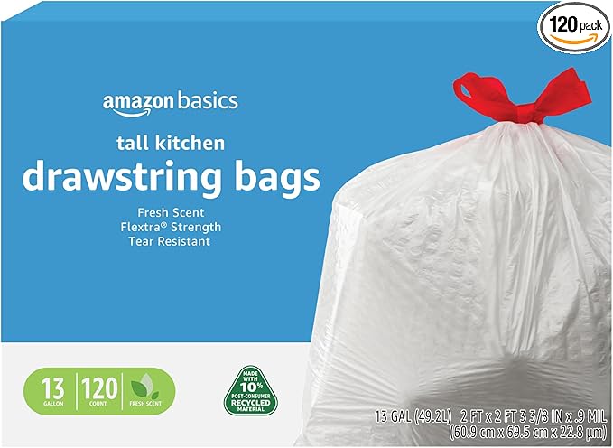 Amazon Basics 13 Gallon Tall Kitchen Drawstring Trash Bags, Flextra Strength, Clean Fresh Scent, Tear Resistant, 0.9 mil Thickness, 10% Post Consumer Recycled, 120 Count