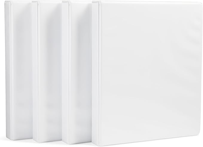 Amazon Basics 3-Ring Binder with Round Rings and Interior Pockets, 1-Inch, White, 4-Pack