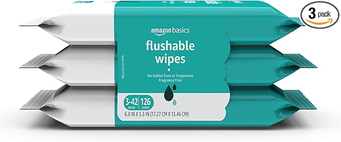Amazon Basics Adult Wet Wipes Flushable formulated without Fragrance, 126 Count (3 Packs of 42) Packaging May Vary