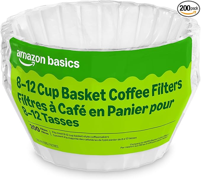 Amazon Basics Basket Coffee Filters for 8-12 Cup Coffee Makers, White, 200 Count, Packaging May Vary