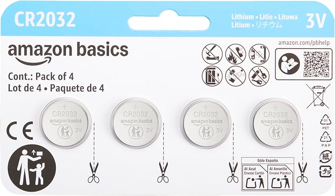 Amazon Basics CR2032 3V Lithium Coin Cell Batteries, Child-Proof Package, Non-Coated, AirTag Compatible, 4-Pack