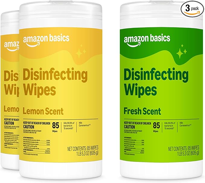 Amazon Basics Disinfecting Wipes, Lemon & Fresh Scent, Sanitizes, Cleans, Disinfects & Deodorizes, 255 Count (3 Packs of 85), Packaging May Vary