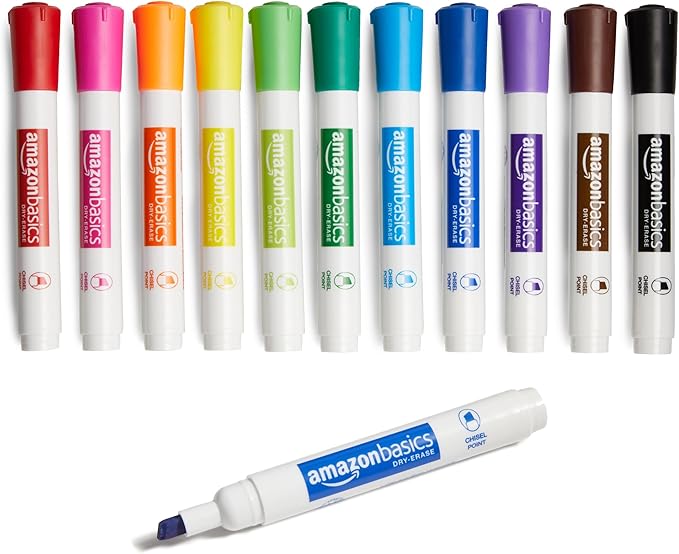Amazon Basics Dry Erase Whiteboard Markers, Chisel Tip, Low-Odor, Assorted Colors, 12-Pack, Erase Easily
