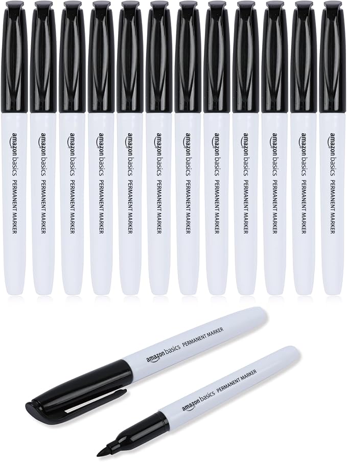 Amazon Basics Fine Tip Permanent Markers for Writing, Drawing, Quick Drying, Office, School, and Home Use, Black, 12 Pack