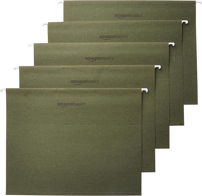 Amazon Basics Hanging File Folders with Adjustable Tabs, Sturdy Expandable Document Organizer, Letter Size 8.5x11 inch, Green, 25-Pack