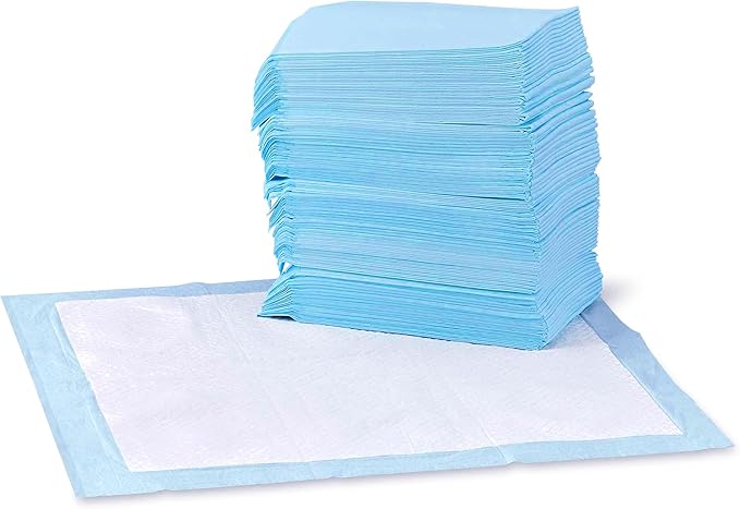 Amazon Basics Leak-Proof Dog and Puppy Potty Training Pee Pads with Quick-Dry 5-Layer Super Absorbent Design, Regular Size 22 x 22 inch, Blue & White, 100 Count