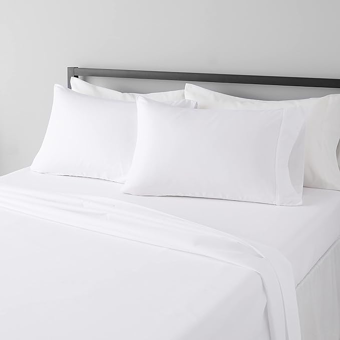 Amazon Basics Lightweight Super Soft Breathable Wrinkle-Resistant Microfiber 4-Piece Bed Sheet Set with 14-Inch Deep Pockets, Queen, Bright White, Solid