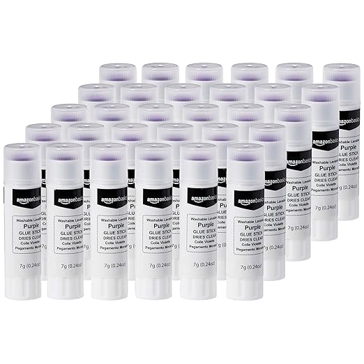 Amazon Basics Purple Washable School Glue Sticks for Classroom Supplies and Crafting, Dries Clear, 0.24-oz Stick, 30-Pack