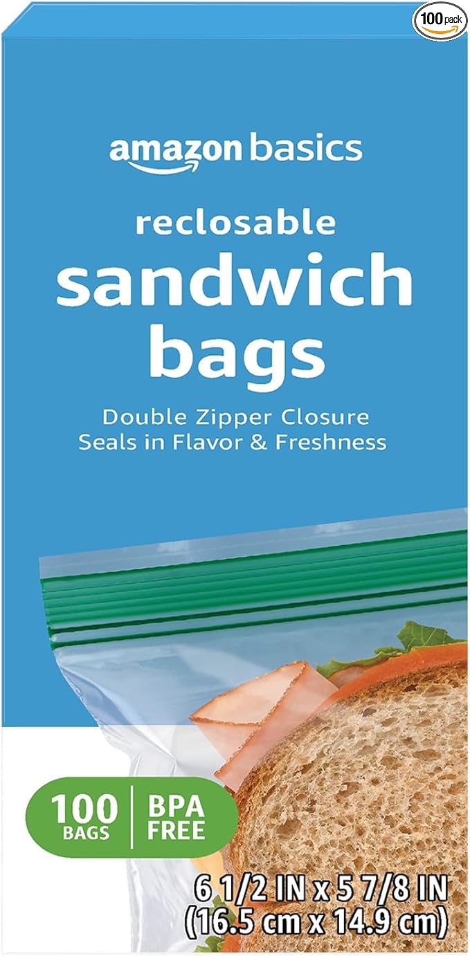 Amazon Basics Reclosable Double Zipper Sandwich Storage Bags for Food Storage, BPA Free, 100 Count