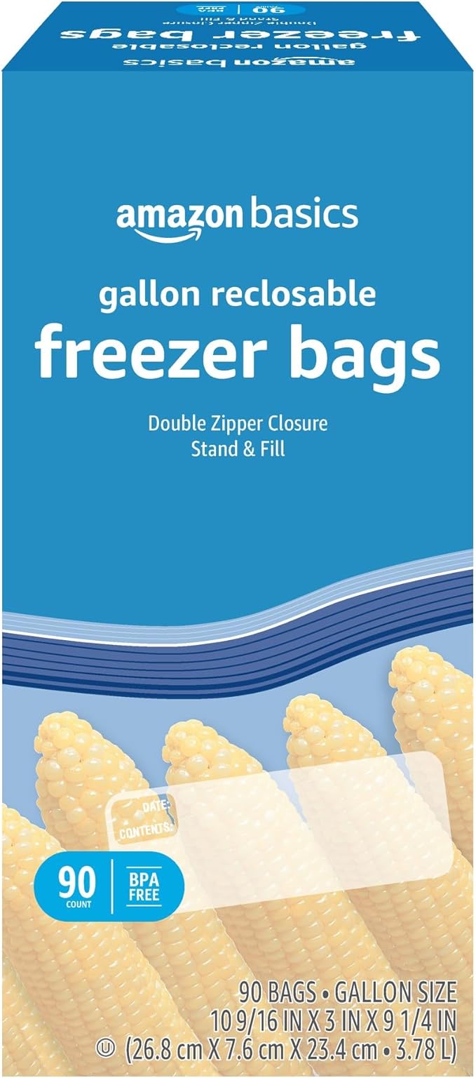 Amazon Basics Reclosable Freezer Gallon Size Bags with Double Zipper Seal, Stand-Up Bottom, BPA Free, 90 Count (Previously Solimo)