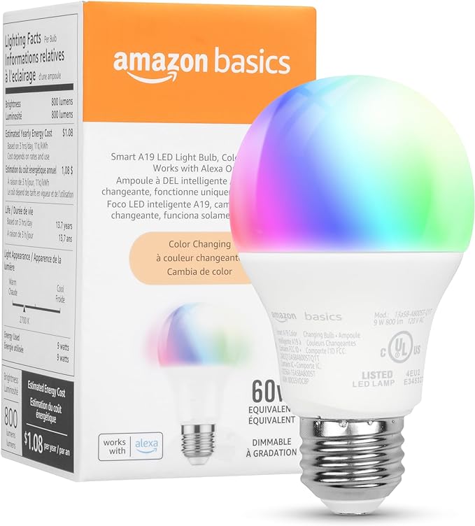 Amazon Basics Smart A19 LED Light Bulb, Color Changing, 9W (60W Equivalent), 800LM, Works with Alexa Only, WiFi 2.4 GHz, No Hub Required, Mood Lighting, Energy Efficient, 1-Pack