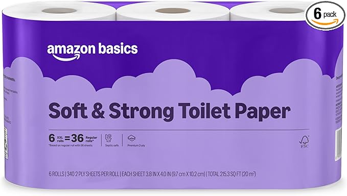 Amazon Basics Soft and Strong 2-Ply Toilet Paper, 6 Ultra Rolls = 24 Regular Rolls, Unscented, 340 Sheet (1 Pack of 6), Packaging May Vary
