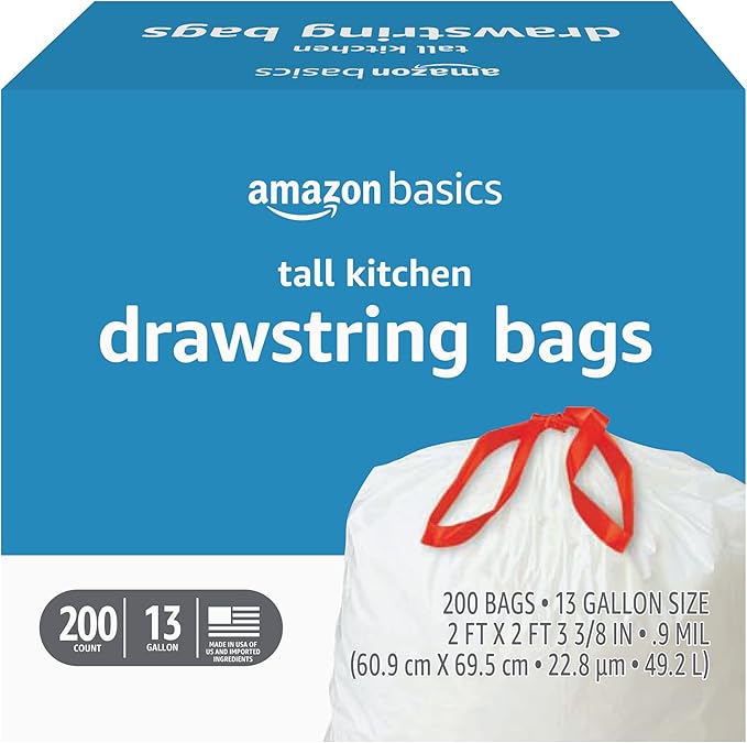 Amazon Basics Tall Kitchen Drawstring Trash Bags, Sturdy, 13 Gallon, Unscented, 200 Count