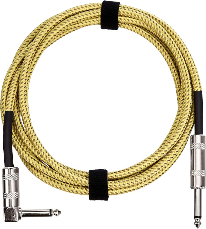 Amazon Basics TS 1/4 Inch Guitar Cable, Tweed Cloth Jacket Right-Angle Instrument Cable for Electric Guitar, Bass Guitar, Amp Cord, 10 Foot, Yellow & Brown