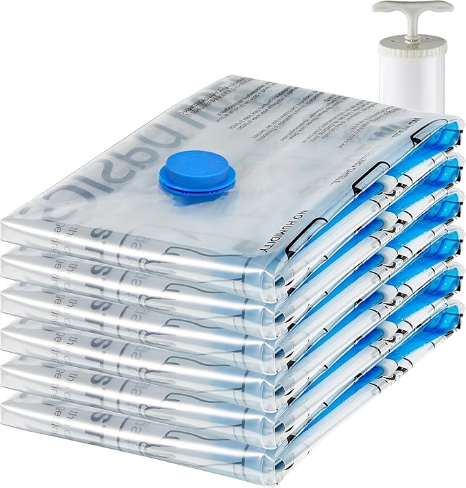 Amazon Basics Vacuum Storage Bags for Clothes, Space Saving Compression Storage Bags with Hand Pump, Heavy Duty, Stackable, Jumbo Size, Clear, 6-Pack