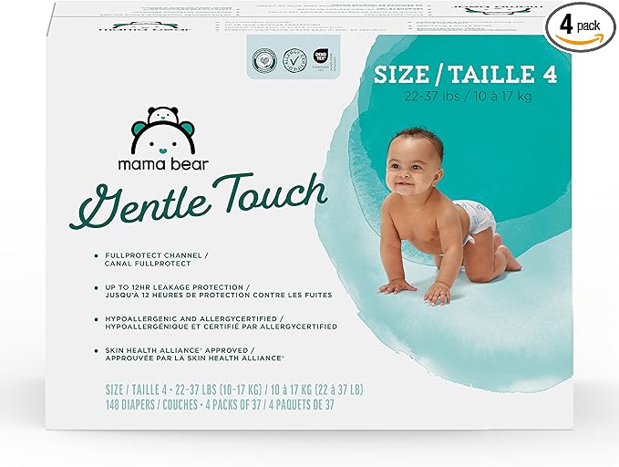 Amazon Brand - Mama Bear Gentle Touch Baby Diapers, Formulated without Fragrance, Size 4, 148 Count (4 packs of 37), with Skin Protection and Leak Protection
