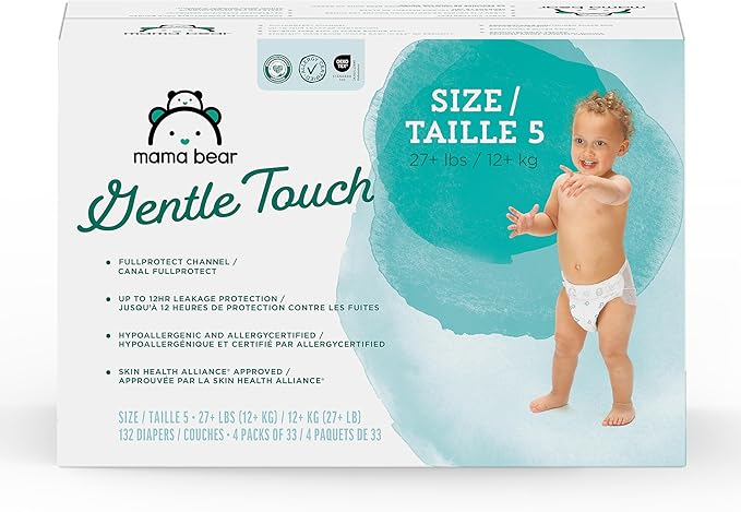 Amazon Brand - Mama Bear Gentle Touch Baby Diapers, Size 5, 27+ lb, Leak Protection, 12 Hours Protection, Wetness Indicator, Hypoallergenic, 132 Count (4 packs of 33)