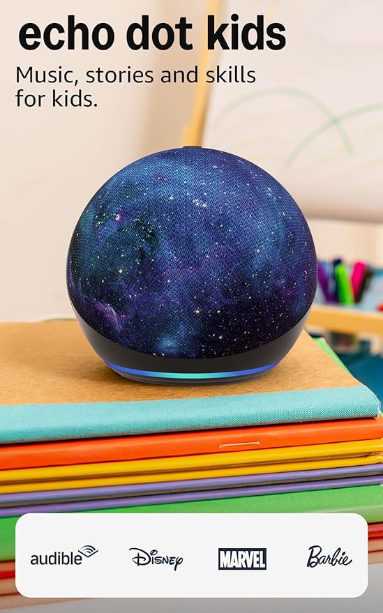 Amazon Echo Dot Kids (newest model), Smart speaker to enjoy age-appropriate audiobooks, interactive games and Alexa+ experiences to create and learn, Stardust design