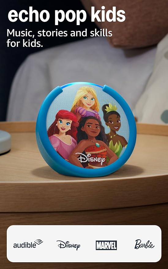 Amazon Echo Pop Kids (newest model), Enjoy age-appropriate audiobooks, interactive games and Alexa+ experiences to create and learn, Disney Princess design