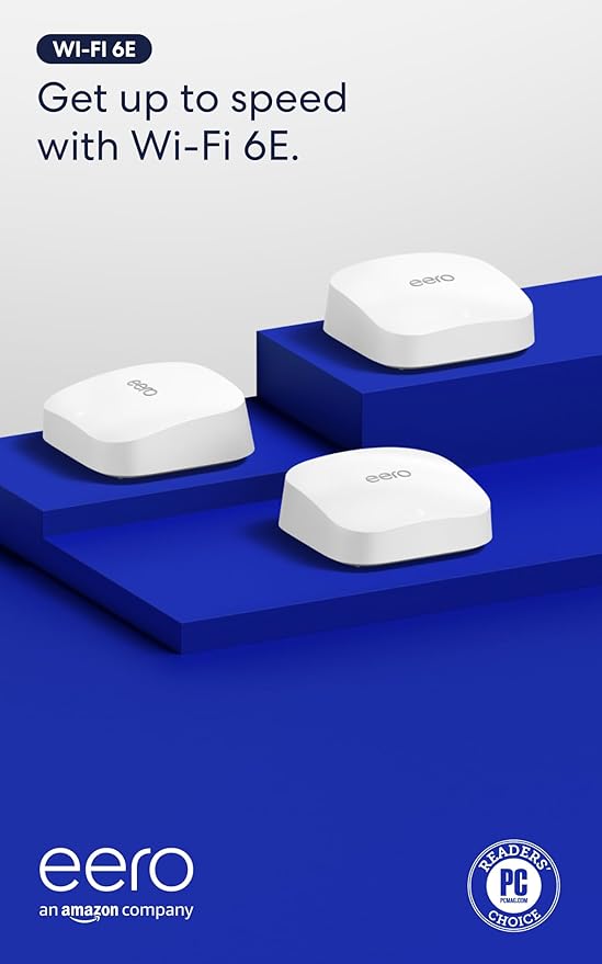 Amazon eero Pro 6E mesh wifi system - Supports internet plans up to 2.5 Gbps, Coverage up to 6,000 sq. ft., Connect 100+ devices, 3-pack