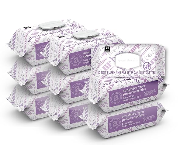 Amazon Elements Baby Wipes, Sensitive, Unscented, Cleans Gently, 810 Count, Flip-Top Packs, Pack of 9