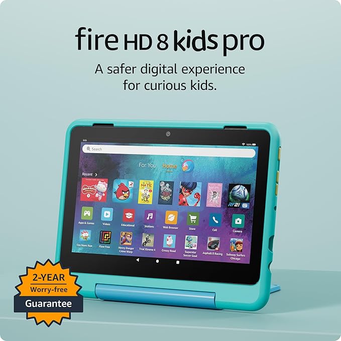 Amazon Fire HD 8 Kids Pro tablet (newest model), ages 6-12. Bright 8" HD screen, includes ad-free content, parental controls, 13-hr battery, slim case for older kids, 64GB, Hello Teal