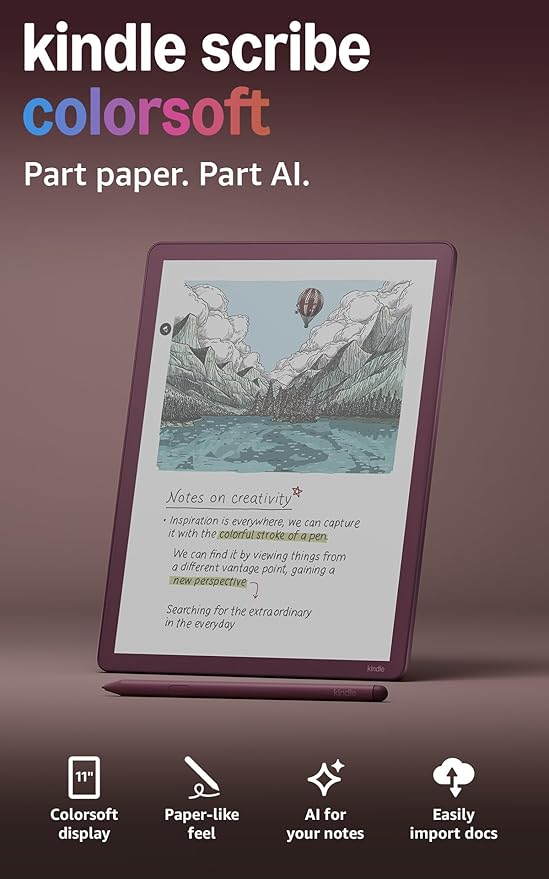 Amazon Kindle Scribe Colorsoft 64GB (newest model) — 11” paper-like color display with front light — One notebook to replace them all — Write in notebooks, docs, and books. Pen included - Fig