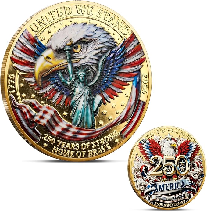 America 250th Anniversary Coin Commemorative Coin 1776 2026 Iron Patriotic Eagle & Statue of Liberty Design, USA 250 Years of Strength Collectible Souvenir Gift