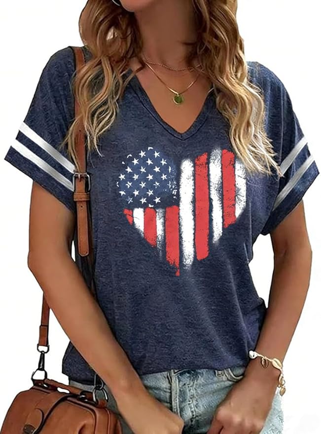 American Flag Shirts Women 4th of July V-Neck Short Sleeve Patriotic T-Shirt Memorial Day Graphic Tee Independence Day Tops
