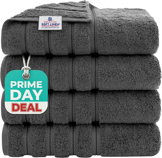 American Soft Linen Luxury 4 Piece Bath Towel Set, 600 GSM 100% Cotton Turkish Bath Towels for Bathroom, 27x54 in Large Bathroom Shower Towels, Dark Gray