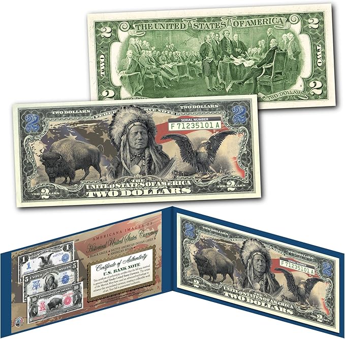 Americana Images Buffalo Bison Black Eagle Native American Chief Uncirculated Two Dollar Bill Special Edition Collectible Display Holder and Certificate