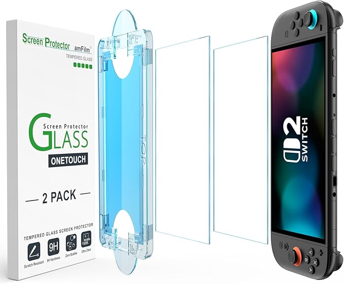 amFilm Auto-Alignment OneTouch for Nintendo Switch 2 Screen Protector [7.9''] 2025 Tempered Glass, Accessories, 30 seconds Installation, Bubble Free, Scratch Resistant, Touch Sensitive, Transparent [2 Pack]