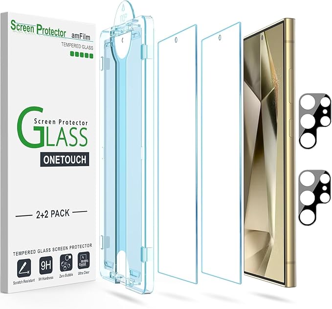 amFilm Auto-Alignment OneTouch for Samsung Galaxy S24 Ultra 6.8'' Screen Protector + Camera Lens Protector, Tempered Glass, 30 seconds Installation, Bubble Free, Anti-Scratch [2+2 Pack] (S24U-6.8")