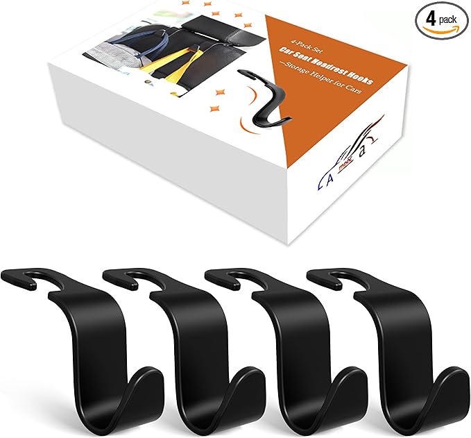 Amooca 4-Pack Car Headrest Hooks Vehicle Storage Organizer for Purses Handbags Groceries Backpack Coats –Holds 55lbs 360° Rotating Black