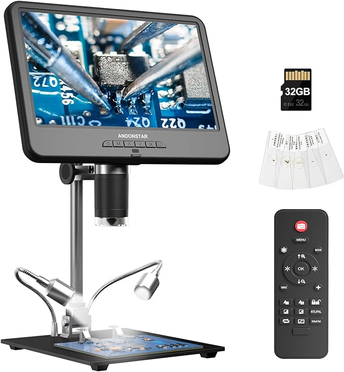 Andonstar AD210 10.1 Inch LCD Digital Microscope for Adults, Soldering Microscope for Electronics Repair, Coin Microscope Camera Full View for Error Coins with Light, Biological Slides Kit, 32G Card
