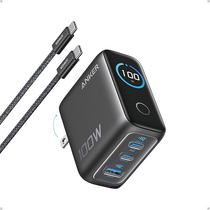 Anker 100W 3-Port GaN USB C Charger Block, Phone Charger with Smart Display | Ultra-Compact Fast Wall Adapter with Touch Control for iPhone 17 Series,iPad,MacBook Pro/Air (Include Cable, Non-Battery)