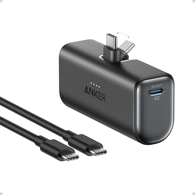 Anker Portable Charger, Nano Power Bank with Built-in USB C Connector, 5,000mAh Portable Charger 22.5W, for iPhone 17/16/15 Series, Samsung S22/23 Series, iPad Pro/Air, AirPods, and More