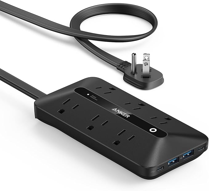 Anker Power Strip with 300J Surge Protector, 5ft Outlet Extender, 20W, 6AC | Flat Plug Extension Cord with Multiple Outlets, 2 USB C, 2 USB A, Dorm Room Essentials, Home Office, TUV Listed