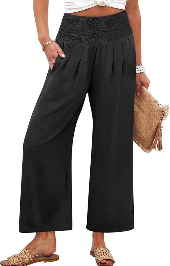 ANRABESS Womens Wide Leg Palazzo Pants with Pockets | Lightweight Breathable High Waisted Pants, Beach Vacation Flowy, Lounge & Casual Summer Trousers
