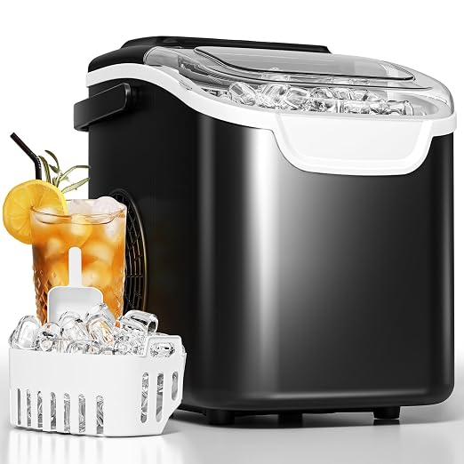Antarctic Star Countertop Ice Maker Machine with Handle, 8 Cubes Ready in 6 Mins, 26.5lbs/24Hrs, Self-Cleaning Portable Ice Maker/Basket and Scoop for Home/Kitchen/Camping/RV (Black/Grey)