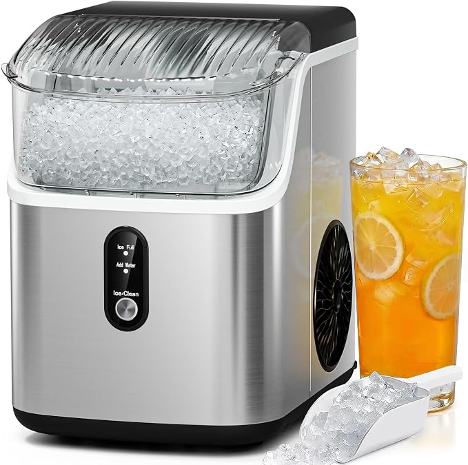 Antarctic Star Nugget Ice Makers Countertop with Handle, 35lbs/Day, Portable Sonic Ice Machine with Auto-Cleaning, Basket and Scoop for Home/Kitchen/Office/Camping(Stainless Steel Silver)