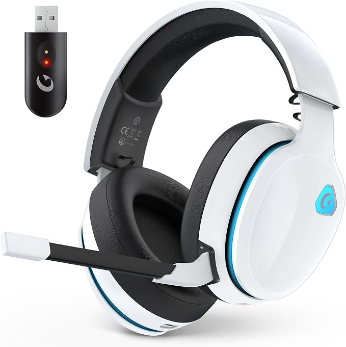 AOC 2.4GHz Wireless Gaming Headset for PS5, PS4 Fortnite & Call of Duty/FPS Gamers, PC, Switch, Bluetooth 6.0 Gaming Headphones with Noise Canceling Mic, 7.1 Virtual Surround, 45Hr Battery -White