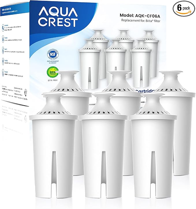 AQUA CREST CF06A Replacement for Brita® Filter, Brita® Water Pitchers and Dispensers, Classic OB03, Mavea® 107007, and More, NSF Certified Pitcher Water Filter, 1 Year Filter Supply, 6 Pack